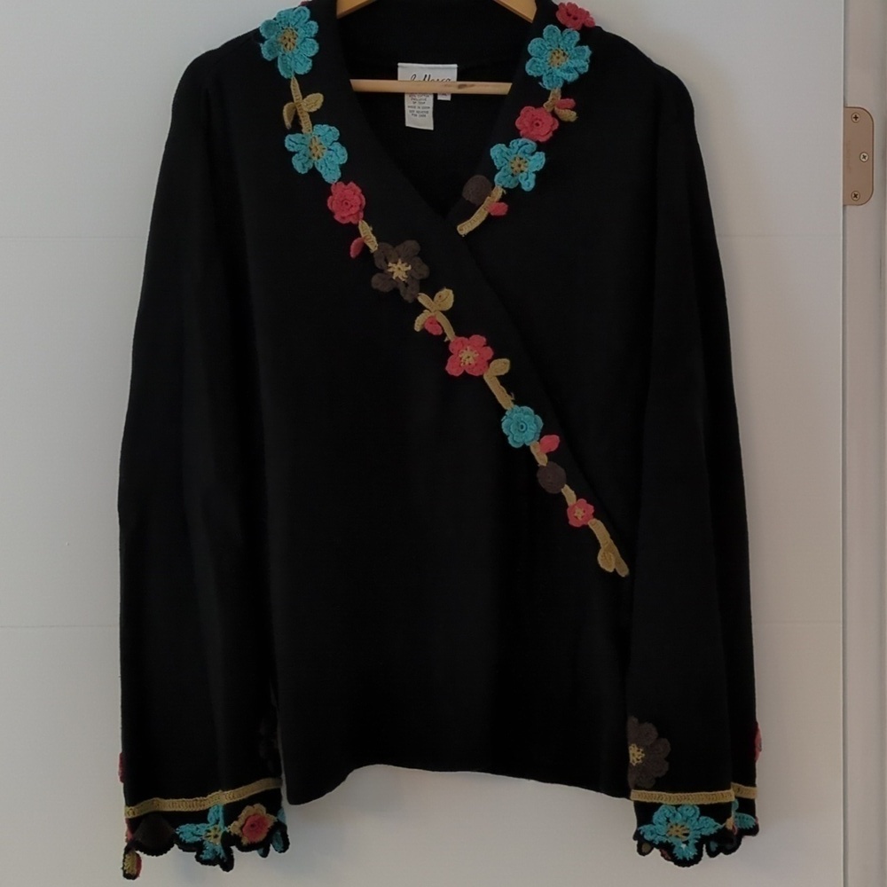 J. Marco VintageRamie Cotton Boho v neck Crochet Details Pullover XL Granny Core
